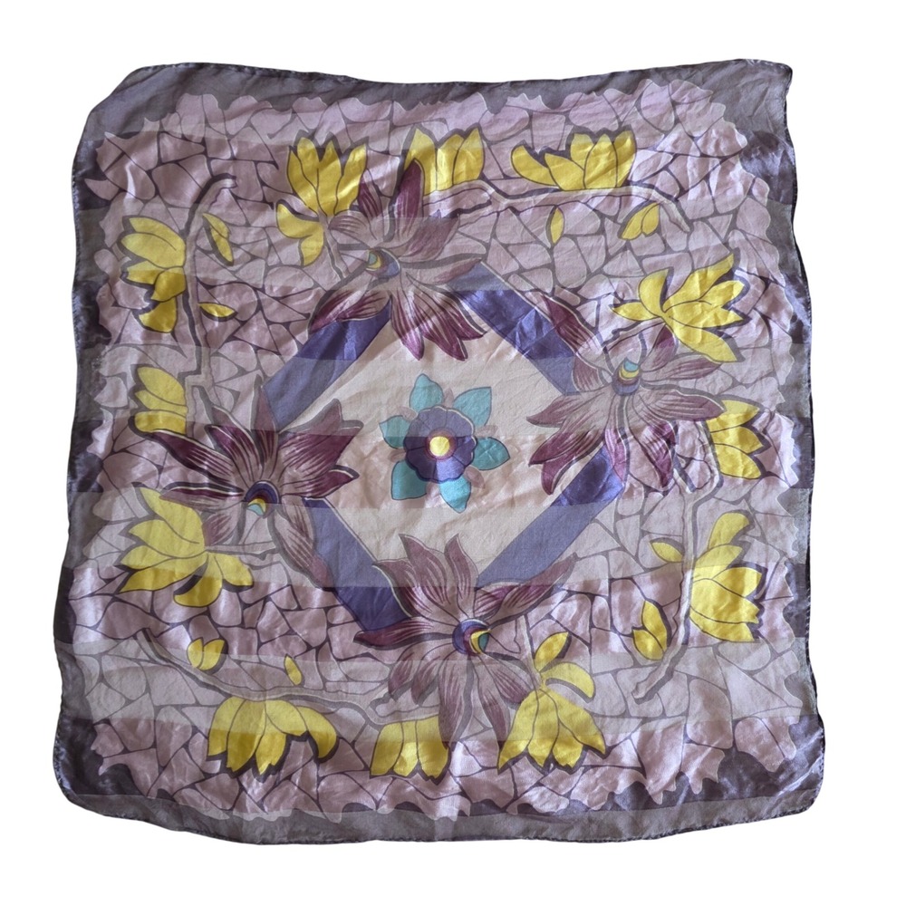 Vintage 80s Silk Square Scarf Floral Mosaic Purple Yellow Sheer Hand Rolled 16in